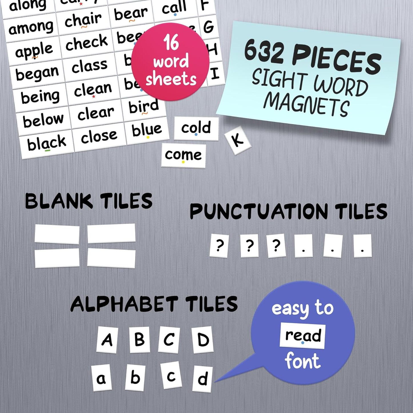 632 Sight Word Magnets – Large .75" Tall Tiles to Learn Reading and Writing with Magnetic Fridge Words - Homeschool or Classroom Tool for Pre-K, Kindergarten, Grades 1-3