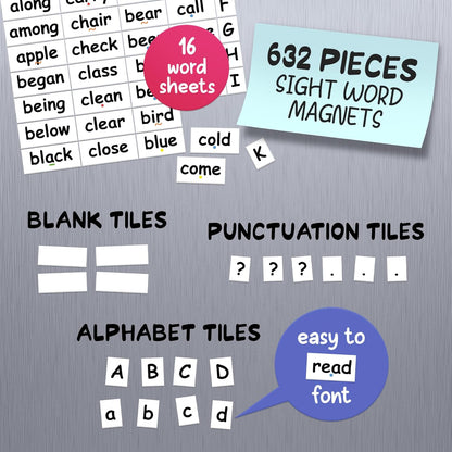 632 Sight Word Magnets – Large .75" Tall Tiles to Learn Reading and Writing with Magnetic Fridge Words - Homeschool or Classroom Tool for Pre-K, Kindergarten, Grades 1-3