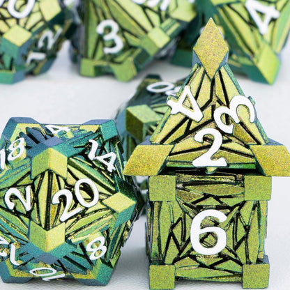 7PCS Metal DND Dice Set with Box, Debris RPG Blue White D and D Dice for D&D Tabletop Games Role Playing Game Polyhedral Dice Set D20 D12 D10 D8 D6 D4