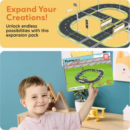 PicassoTiles Magnetic Tiles Race Track Car Thrilling Toy Playset Includes 2 Racing Trucks STEM Educational Magnet Tile Building Block Construction Set for Toddlers Boys Girls Ages 3 and Older PTR30