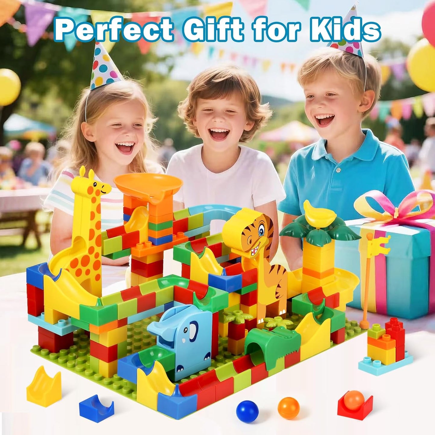MOONTOY Dinosaur Marble Run 200PC Building Blocks - STEM Educational Toys for Kids Ages 3 4 5 6 7 8, Big Blocks Learning Set for Toddlers Boys & Girls, Gift for Christmas & Birthdays