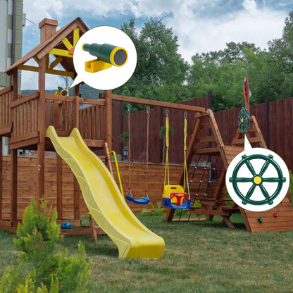 RedSwing Playground Accessories for Kids, Outdoor Swingset Attachments with Pirate Ship Wheel, Toy Telescope, Telephone and Safety Handles (Yellow and Green)