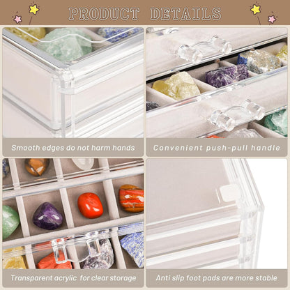 Bfttlity Acrylic Rock Display Case,54 Grids Rock Collection Box for Kids with Mini Magnifying Glass and Gloves, Clear Display Cases for Stones Collectibles Gemstone Crystals Storage Boxes