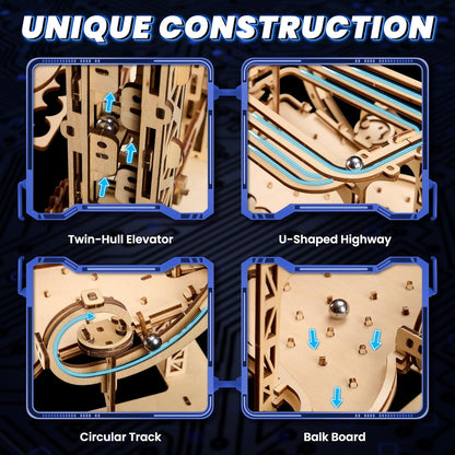 3D Wooden Puzzles for Adults: 371pcs Wood Mechanical Marble Run Model Kits with Roller Coaster Building Set for Adults - 3D Brian Teaser Desk Toys Wooden Puzzles for Men Women Hobbies Gifts