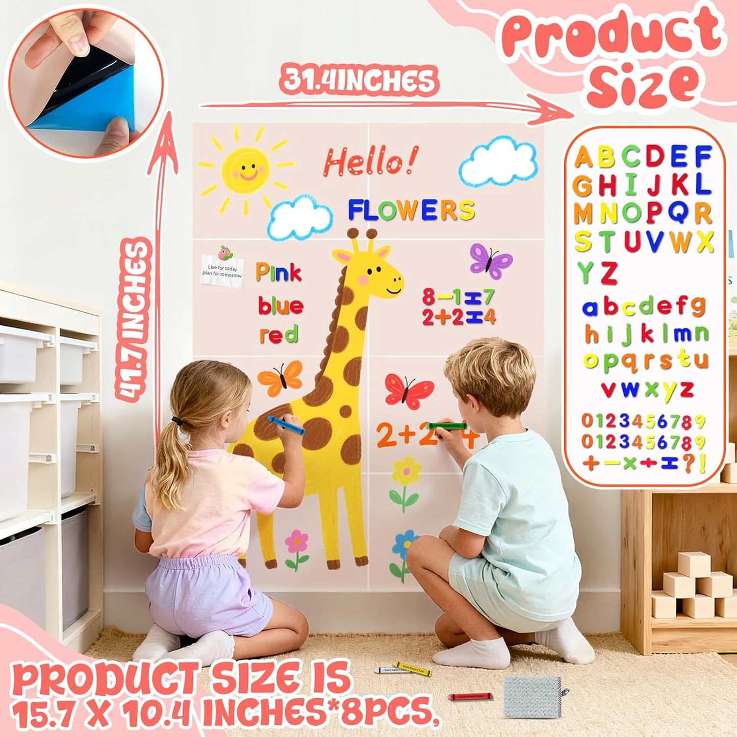 8 PCS Magnetic Wall Decals for Kids Magnetic Chalkboard Peel and Stick Magnet Sheets Board Sticker Tangram Puzzle Self Adhesive Contact Paper Dry Erase Blackboard for Playroom Homeschool 15.7"x10.4"