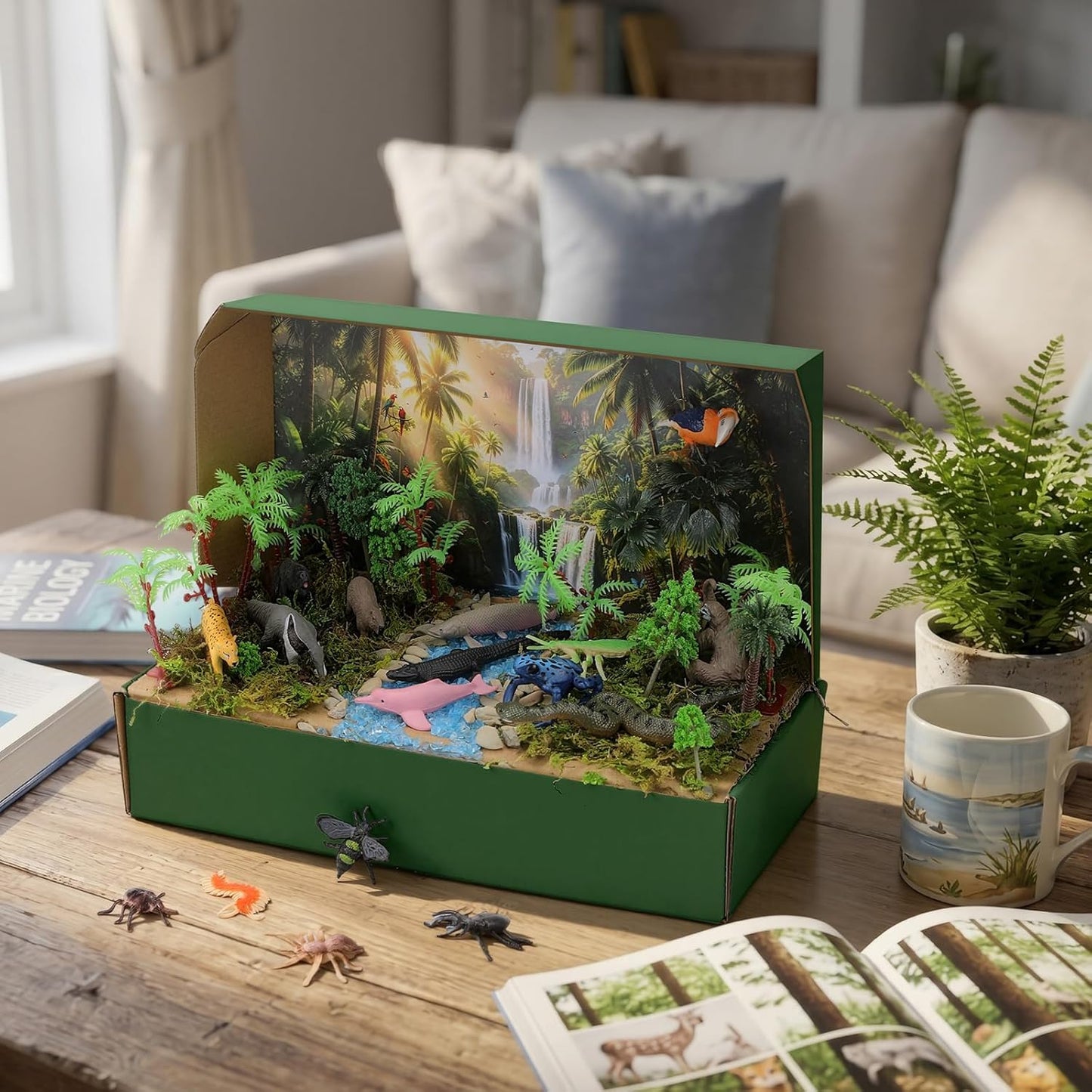 Teyva Daily 48 Pcs Dinosaur Diorama Kit Habitat Project Box Set 3D Dinosaurs Diorama Supplies Include Dinosaurs Model Figures & Eggs Volcano Artificial Trees with Cardboard for DIY Crafts Gifts