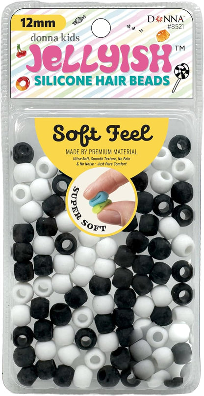 Donna Kids Jellyish Silicone Hair Beads – 12mm Super Soft Noiseless Beads for Braids, Ponytails & Kids Hairstyles – with Threading Tool Pain-Free, Flexible & Tangle (Clear Mix)