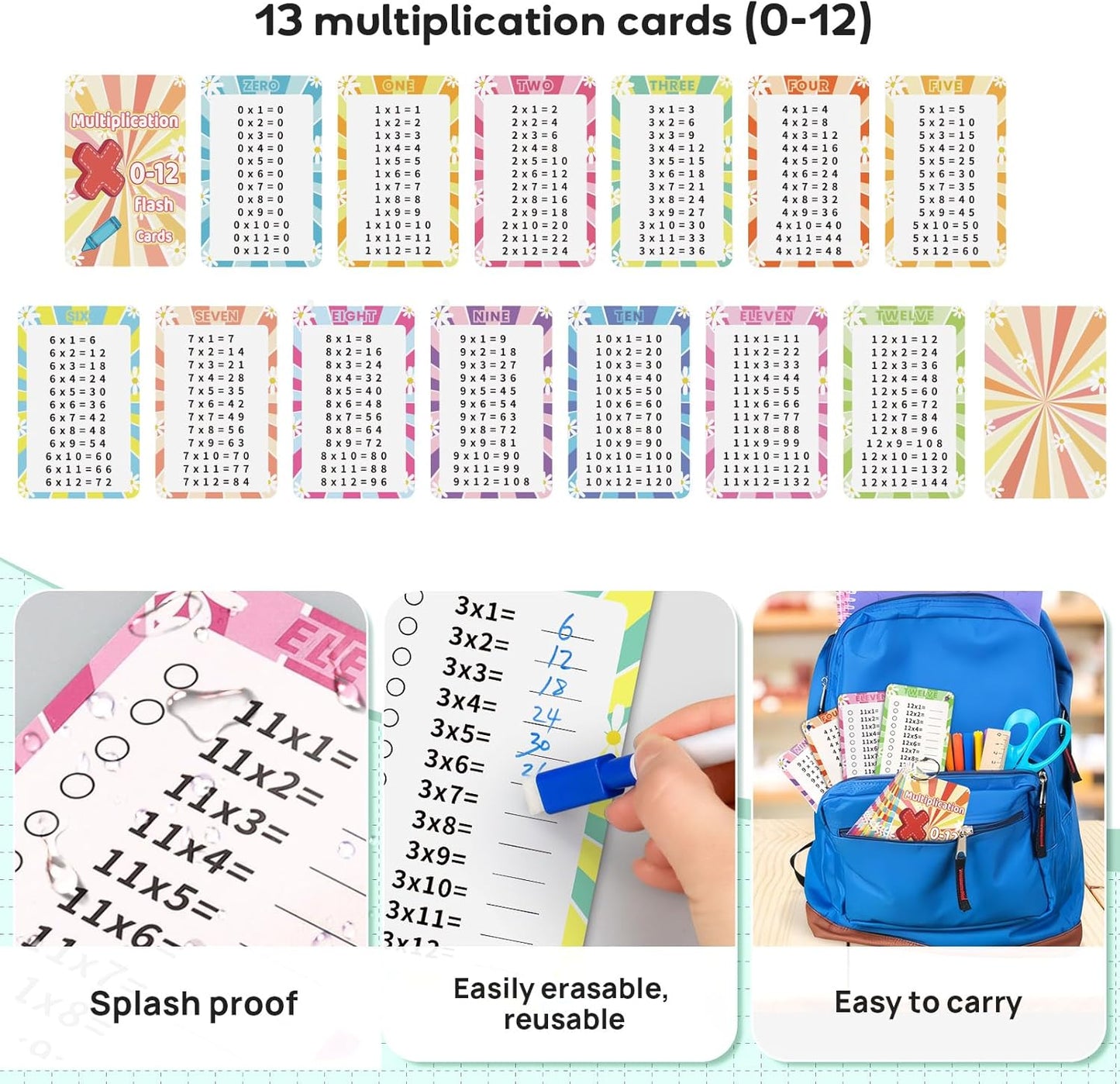15 Pcs Boho Multiplication Flashcards 0-12, Multiplication Chart Math Flashcards, Times Table Flash Cards, Math Game with 2 Dry Erase Markers and 2 Rings for 1st to 3rd Grades