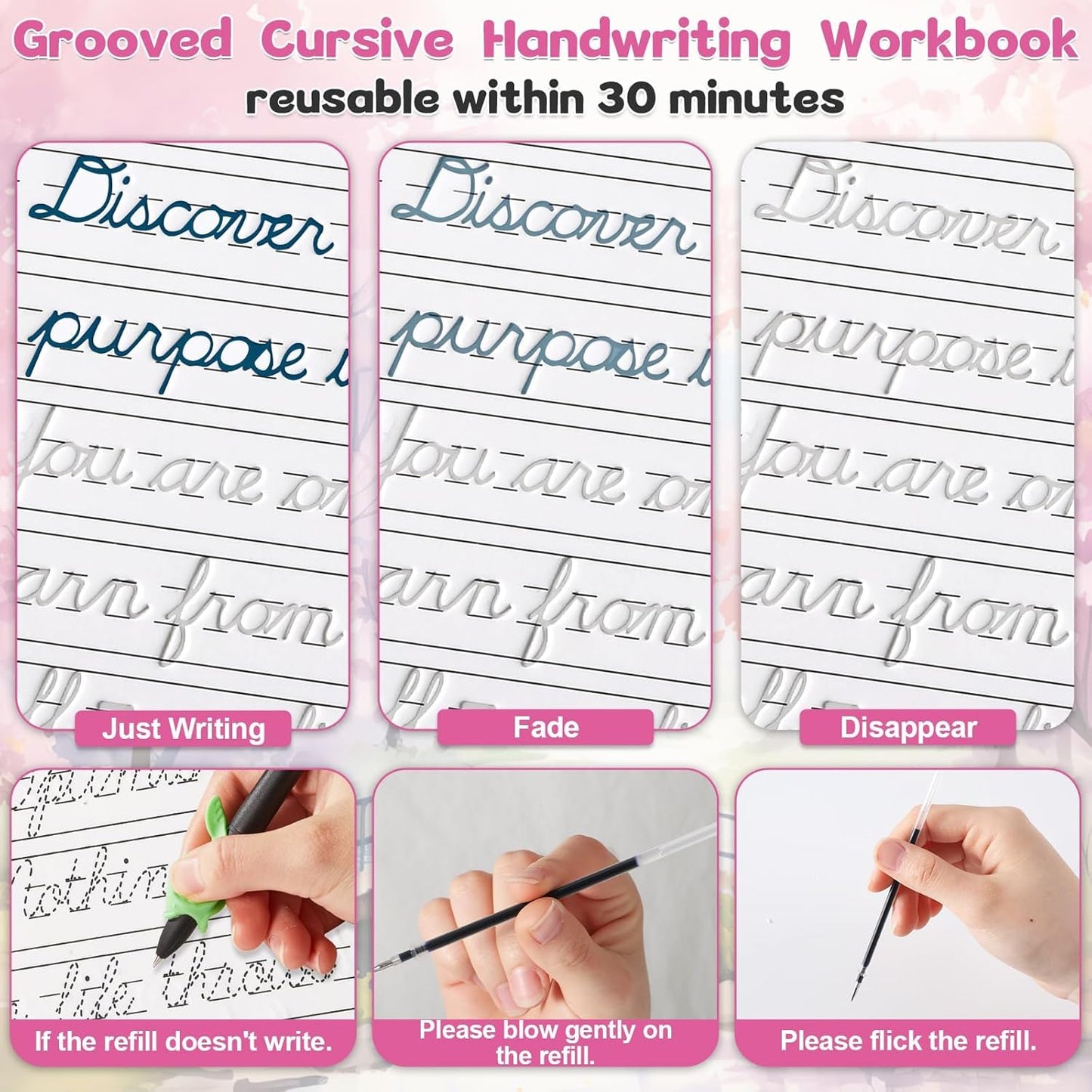 gisgfim Grooved Cursive Handwriting Workbook Magic Reusable Grooved Cursive Handwriting Practice Guided Tracing with Disappearing Ink Pens for Beginners Kids Learning Activities Supplies (Sentence)