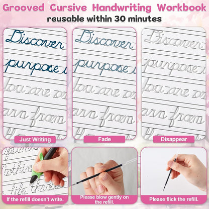 gisgfim Grooved Cursive Handwriting Workbook Magic Reusable Grooved Cursive Handwriting Practice Guided Tracing with Disappearing Ink Pens for Beginners Kids Learning Activities Supplies (Sentence)