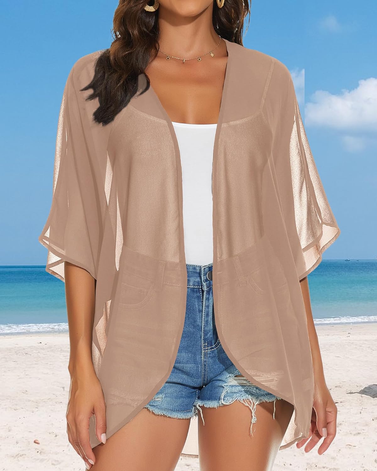 Womens Kimono Cardigans Beach Cover ups Swimwear Puff Sleeve Loose Casual Summer Tops 2026