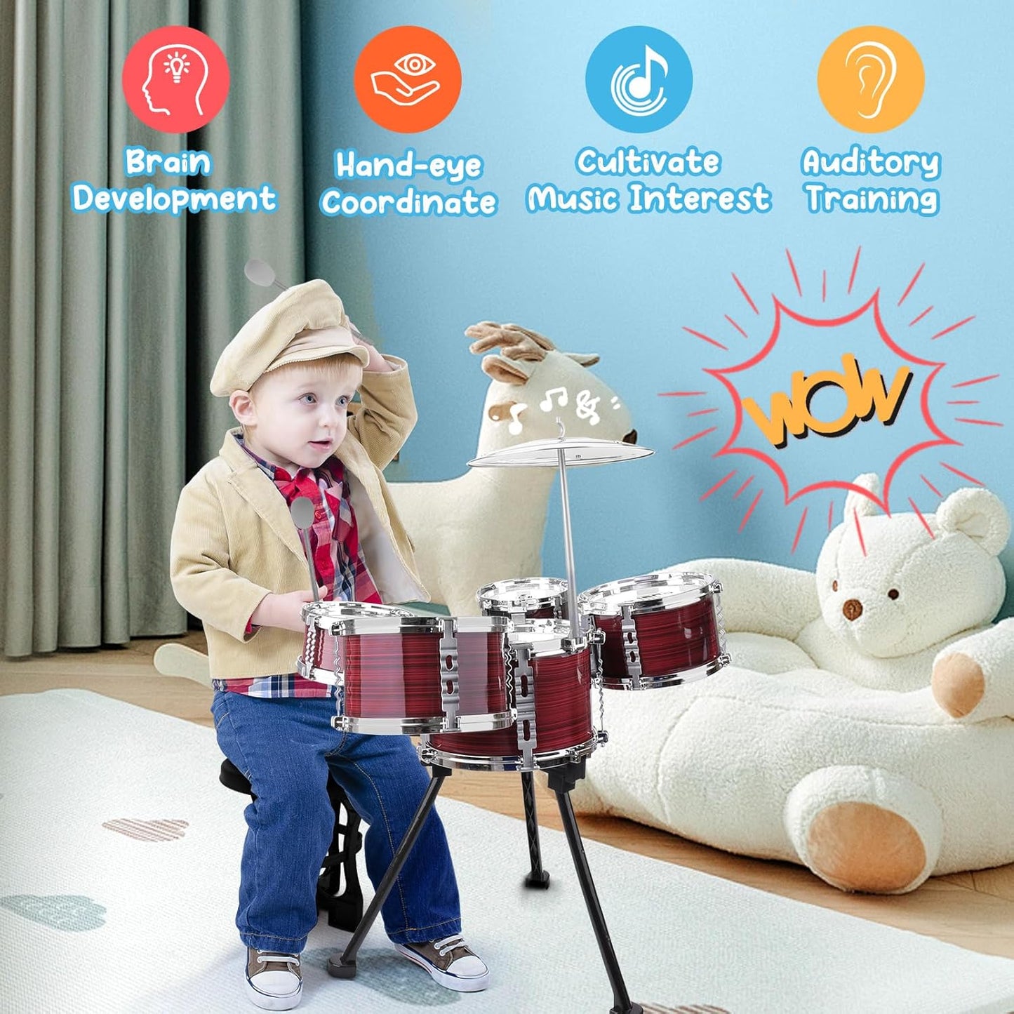Upgraded Toddler Drum Set with Lights Kids Jazz Drum Kit, Musical Instrument Toys for Toddler 3-5 Boys Girls Christmas Birthday Gift