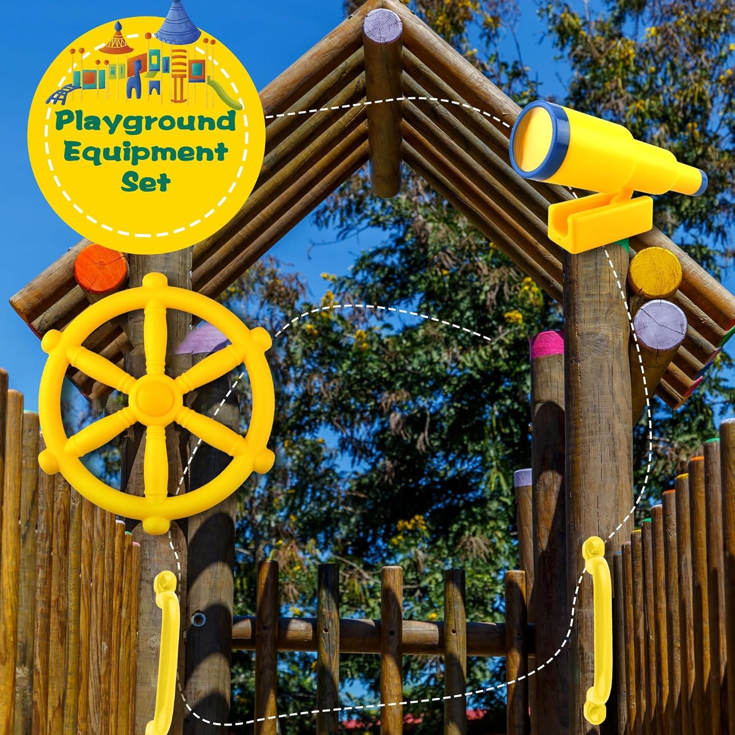 5 Pcs Kids Playground Accessories for Kids Outdoor Plastic Steering Wheel Swingset Phone Pirate Telescope Telephone Safety Handle for Child Backyard Tree House Playhouse Jungle Gym (Yellow Set 1)