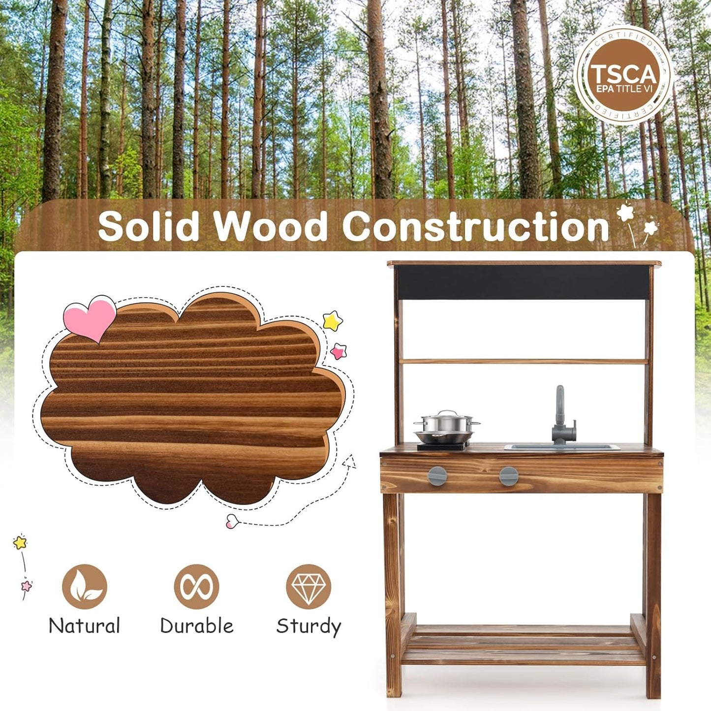 KOTEK Mud Kitchen with Canopy, Outdoor Play Kitchen with Removable Sink, Chalkboard, 4 Stoves, Cooking Accessories & Storage Cabinet, Wooden Toy Kitchen Playset for Kids Age 3+