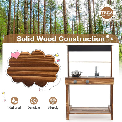 KOTEK Mud Kitchen with Canopy, Outdoor Play Kitchen with Removable Sink, Chalkboard, 4 Stoves, Cooking Accessories & Storage Cabinet, Wooden Toy Kitchen Playset for Kids Age 3+