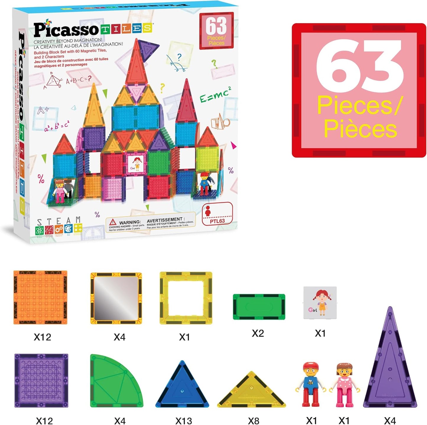 PicassoTiles 333pcs Magnetic Brick Tile and Magnetic Tile Combo Set, Action Figures included, Building Blocks STEM Toys, Educational Montessori Preschool Toddler classroom learning toys, Kids activity