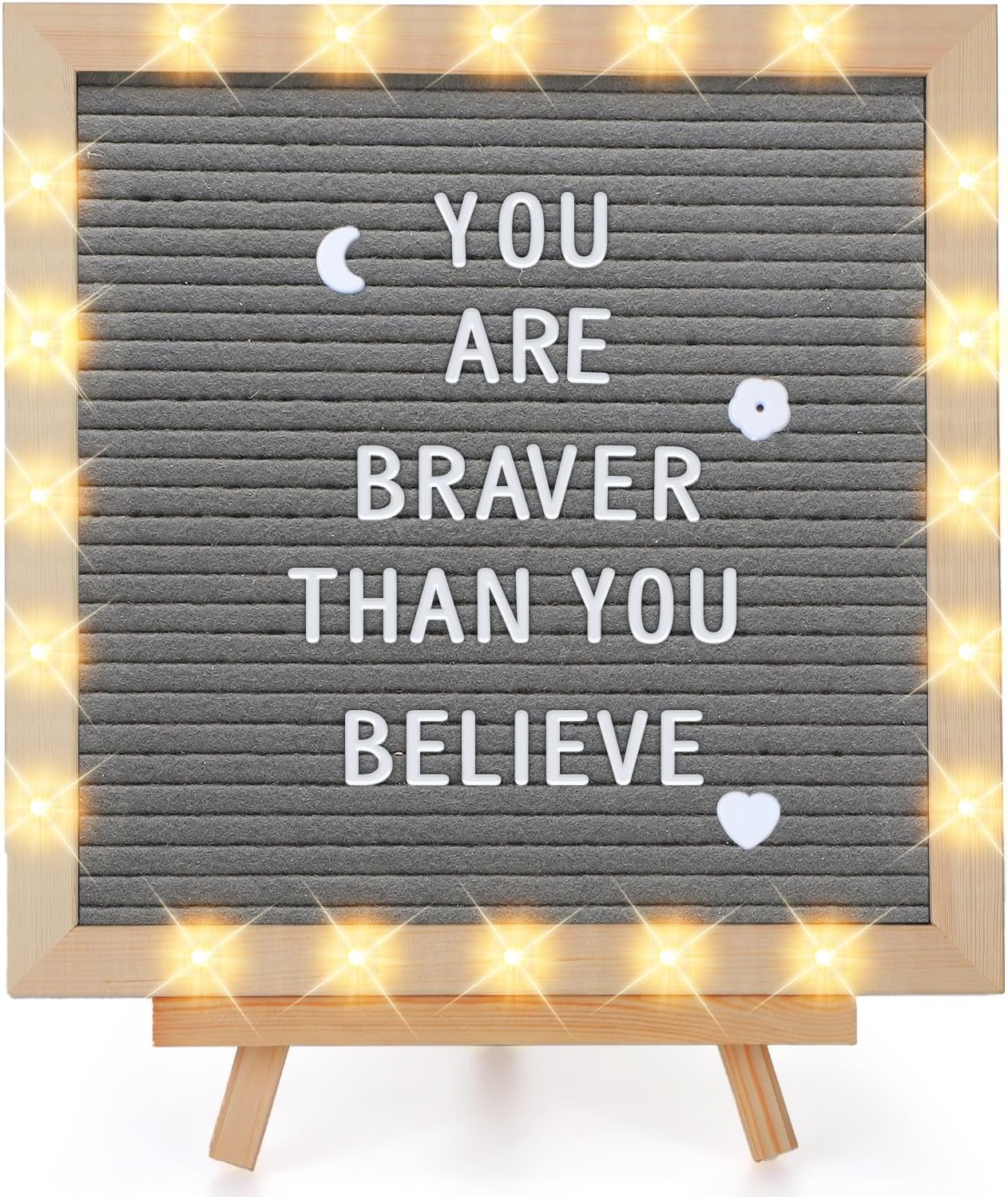 Changeable Felt Letter Board with LED Lights - 10×10" Message Custom Signs & Wood Stand & 450 Letters, Poster Board for Baby/Pregnancy Announcement/Classroom Wall Graduation Decor Gifts, Camel