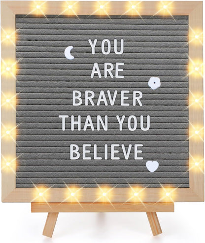 Changeable Felt Letter Board with LED Lights - 10×10" Message Custom Signs & Wood Stand & 450 Letters, Poster Board for Baby/Pregnancy Announcement/Classroom Wall Graduation Decor Gifts, Camel