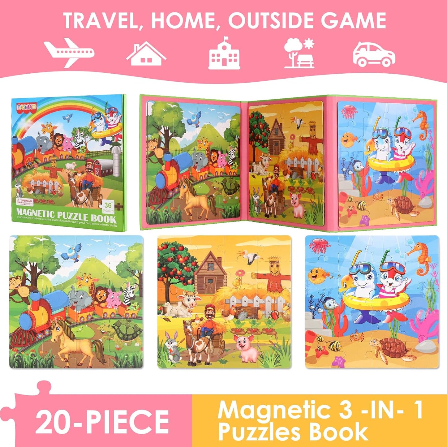 Magnetic Puzzles for Kids Ages 4-6, 20-Piece Toddler Travel Toys Unicorn Princess Puzzles Ages 3-5, Educational Learning Magnets, Ideal Road Trip Activities Toys for 3 4 5 6 Boys and Girls