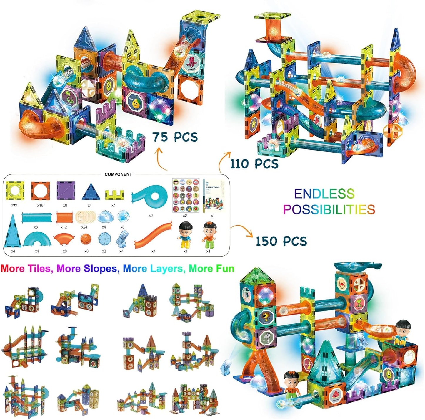 Glowing Magnetic Tiles Marble Run Race Track Super Set - 110 Complete Pieces Glow in The Dark STEM Light Magnetic Building Blocks Gravity Marble Maze Games for Toddlers Kids Boys Girls Ages 3+ Years