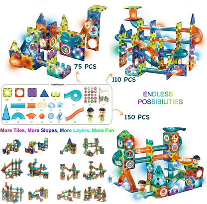 Glowing Magnetic Tiles Marble Run Race Track Super Set - 110 Complete Pieces Glow in The Dark STEM Light Magnetic Building Blocks Gravity Marble Maze Games for Toddlers Kids Boys Girls Ages 3+ Years