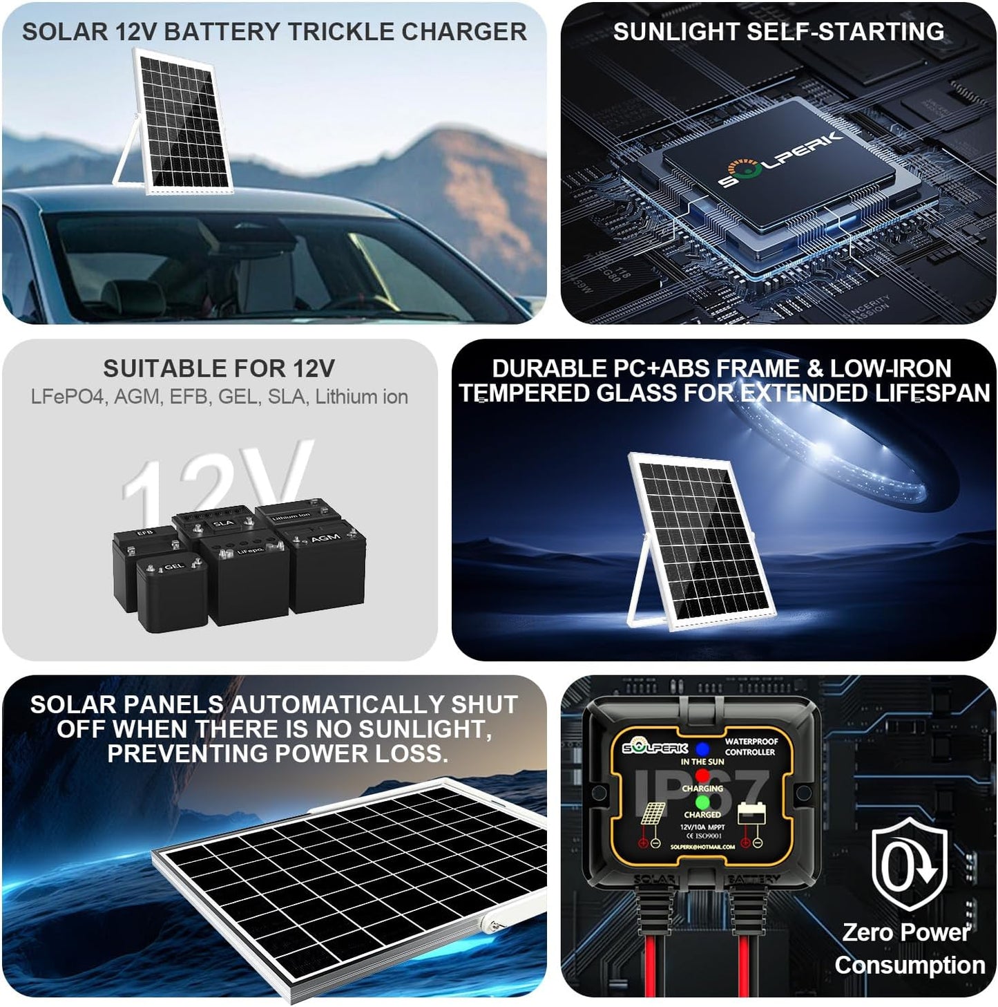 SOLPERK Solar Panel Kit 50W 12V, Waterproof Solar Battery Trickle Charger Maintainer + Waterproof Controller + Adjustable Mount Bracket for Boat Car RV Motorcycle(Without Mounting Bracket)