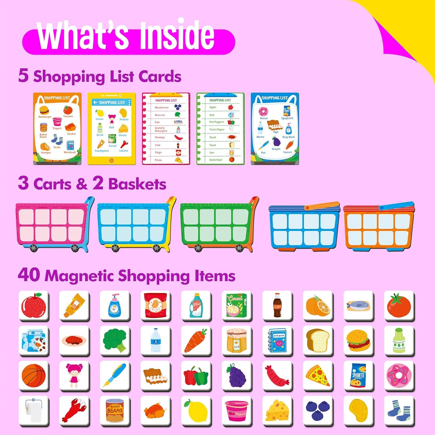 Magnetic Shopping List Game, Funny Spanish Groceries Matching Memory Game, Race to Collect Your Items Educational Toy for Boys & Girls at Home