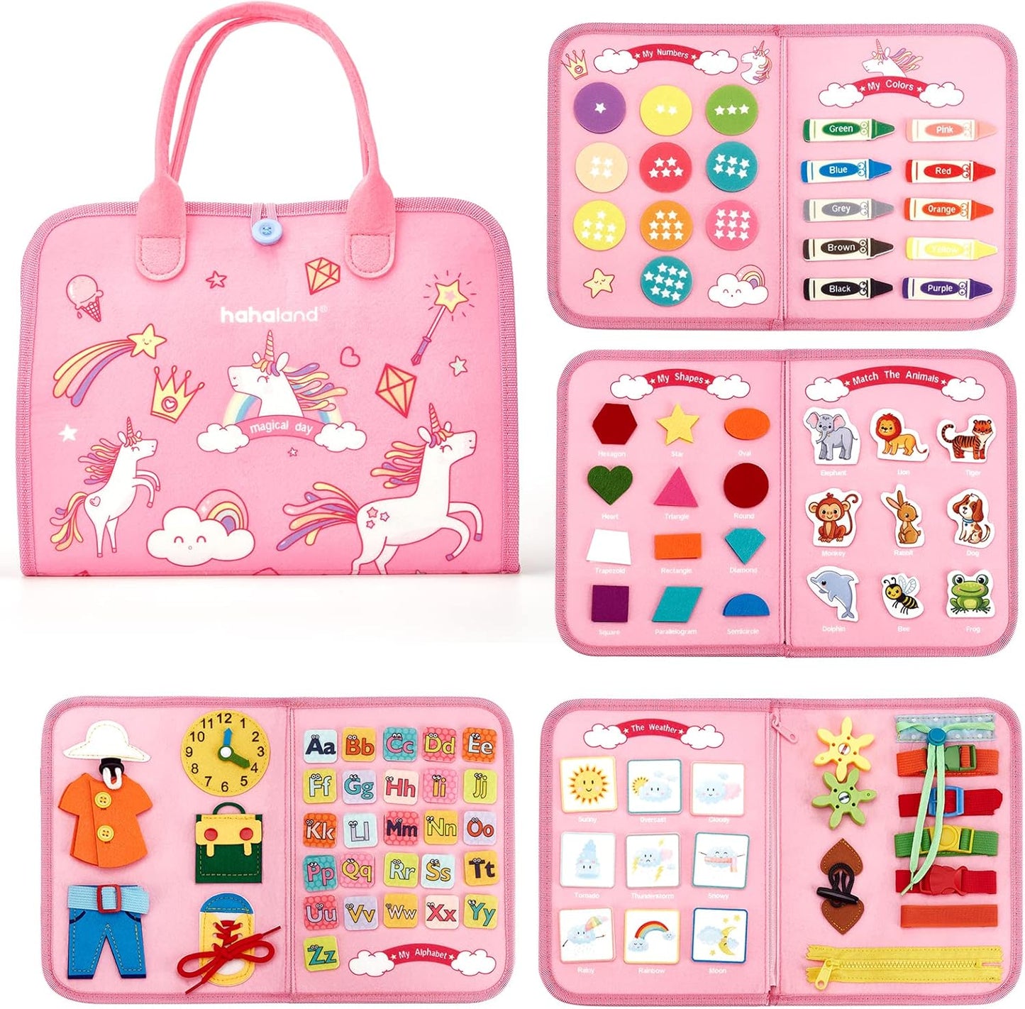 hahaland Busy Board for Toddlers - Montessori Toys Preschool Learning Activities with Life Skills, Alphabet, Number, Shape, Color, Animal, Weather - Toddler Boy Learning Educational Toys, Travel Toys
