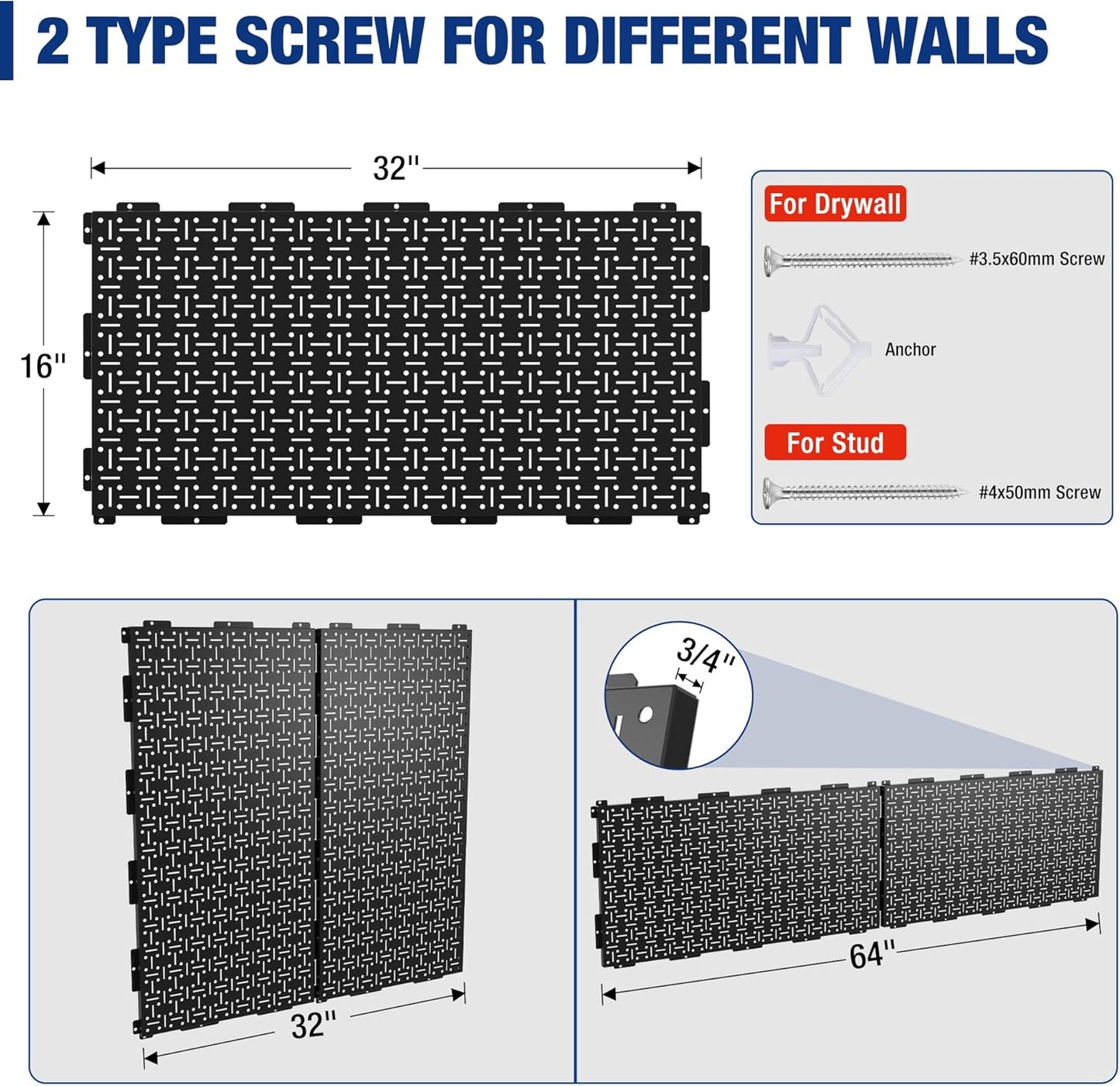 WORKPRO 16”x 16” Metal Peg Board, Foldable Black Pegboard for Wall Organization, Steel Panel with Round Holes & Vertical Slots, Ideal Tool Organizer in Office and Craft Room, 3 Pack