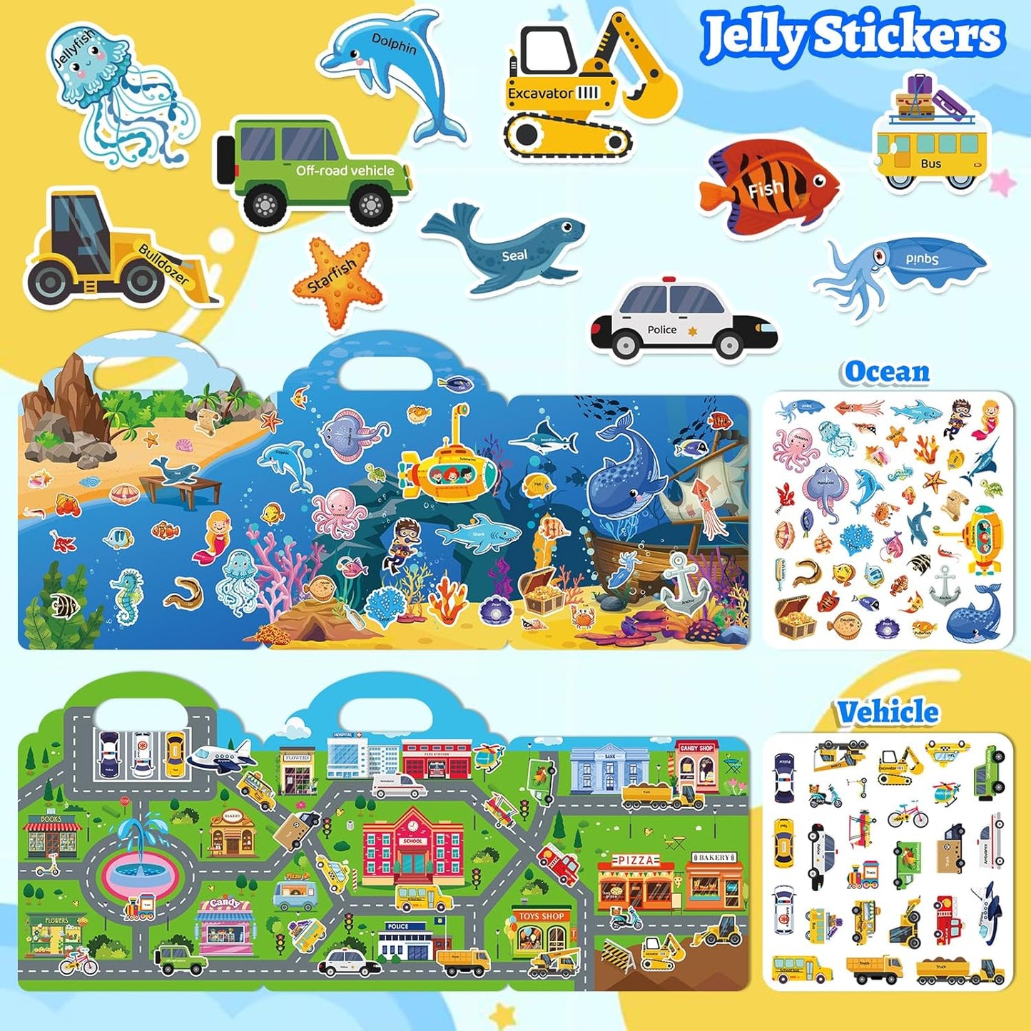 6 Sets Reusable Sticker Book for Toddlers 1-3, Jelly Sticker Books for Childs 1 2 3 Years, Toddler Travel Toys for Ages 1-3 Boys & Girls