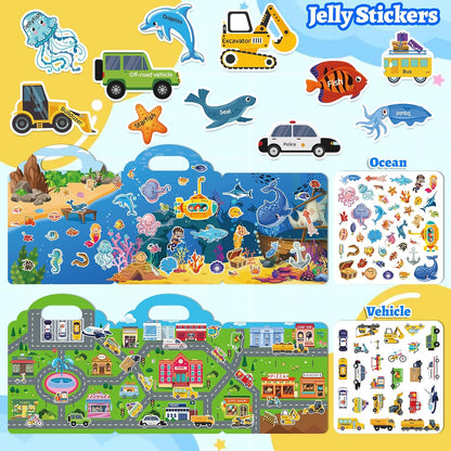 6 Sets Reusable Sticker Book for Toddlers 1-3, Jelly Sticker Books for Childs 1 2 3 Years, Toddler Travel Toys for Ages 1-3 Boys & Girls