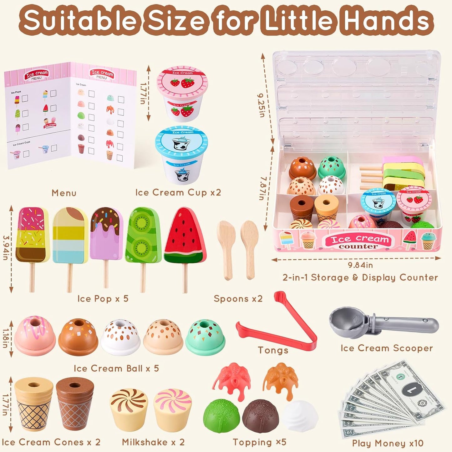 Ehome Wooden Ice Cream Toys Set Pretend Play Food Store for Kids Serve Ice Cream Counter Shop Kitchen Playset with Lucky Wheel, Scoop, Menu, Fake Money for Boys and Girls Ages 3 4 5 6 Birthday Gift