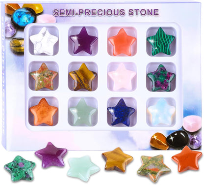 12PCS Natural Star Shaped Gemstones Set 0.8inch Worry Stones Mini Star Crystal Polished Star Pocket Gems Star Shaped for DIY Meditaion Reiki Balancing Decor Rock Kids Beginners