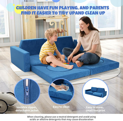 Tangram Puzzles modular kids play couch building fort, Children explorer sofa with Ball Pit, Kids playroom convertible furniture for Inspiring Child Creativity, Made entirely of sponge (Blue Series)