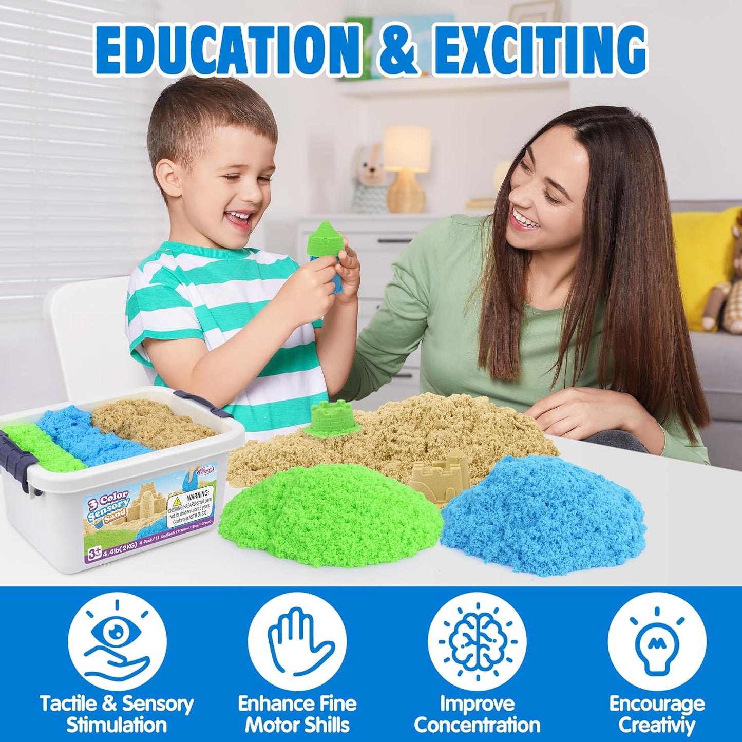 Billeeit 4.4 lbs Play Sand w/Storage Sand Box, 4-Pack(2 Yellow, 1 Blue, 1 Green) Sensory Bin Refill Sand for Shaping, Molding, Pressing, Scooping, Rolling, Self-Sticking Sand Sensory Toy for Kids 3+