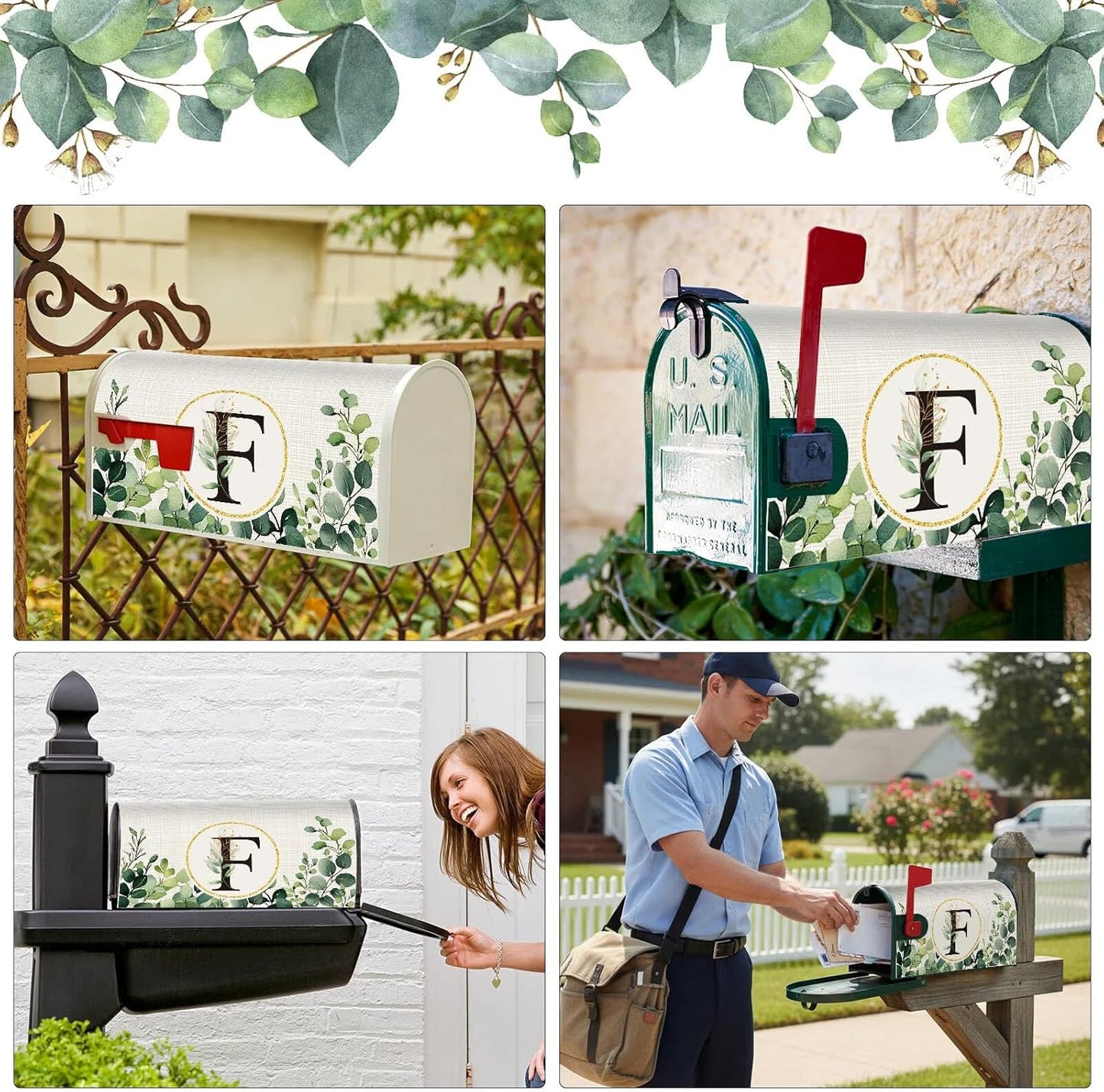 Tiamon Monogrammed L Mailbox Covers Magnetic Eucalyptus Welcome Letter Box Wrap Standard Size 21x18 Inch Spring Summer Leaves Mailbox Decor Eucalyptus Letter Numbers Decoration for Outdoor Garden Yard