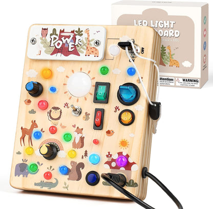 Sanlebi LED Busy Board for Toddlers 1-3,Montessori Toy with Key Switch, Light Up Wood Activity Sensory Board for Fine Motor Skills, Educational Travel Toy Gift for 1 2 3 Year Old Boys Girl