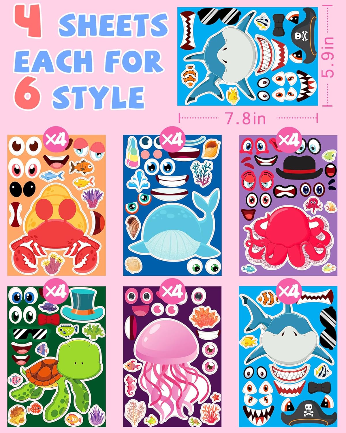 24 Pcs Make Your Own Dinosaur Sticker Sheets, Dinosaur Party Favors Face Stickers for Kids Boys Toddlers Crafts Activities Gift Bags Birthday Party Valentines Day Gifts for Kids Classroom