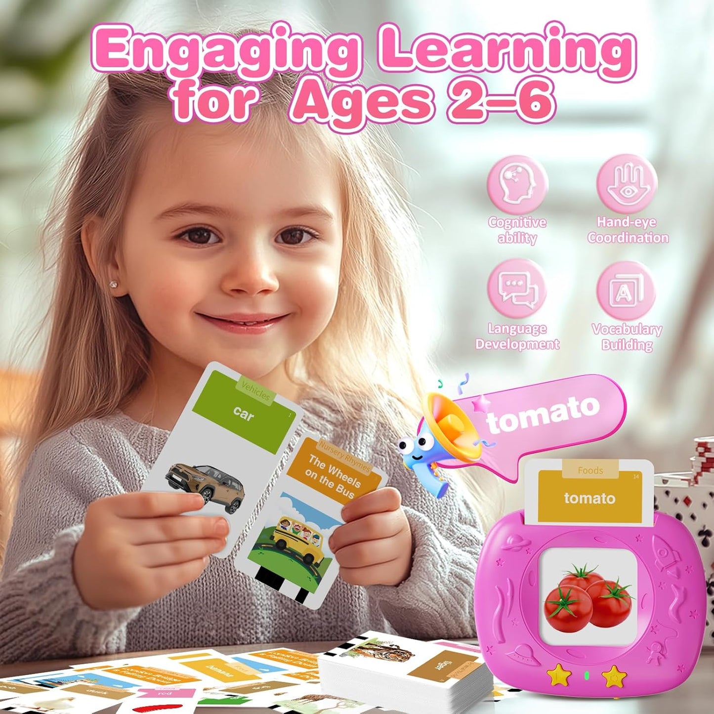 HOMESTEC Toddler Talking Flash Cards with American Accent and 288 Sight Words for Speech Therapy Learning Montessori Sensory Play for Boys and Girls Ages 3 to 6 Birthday Gifts (Pink)