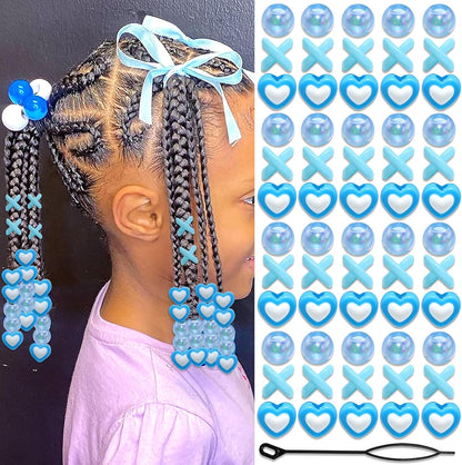 60PCS Pink White Hair Beads for Braids Three Styles Cute Loc Beads Heart Shape Bead for Kids Dreadlock AB Color Round Pony Bead Accessories