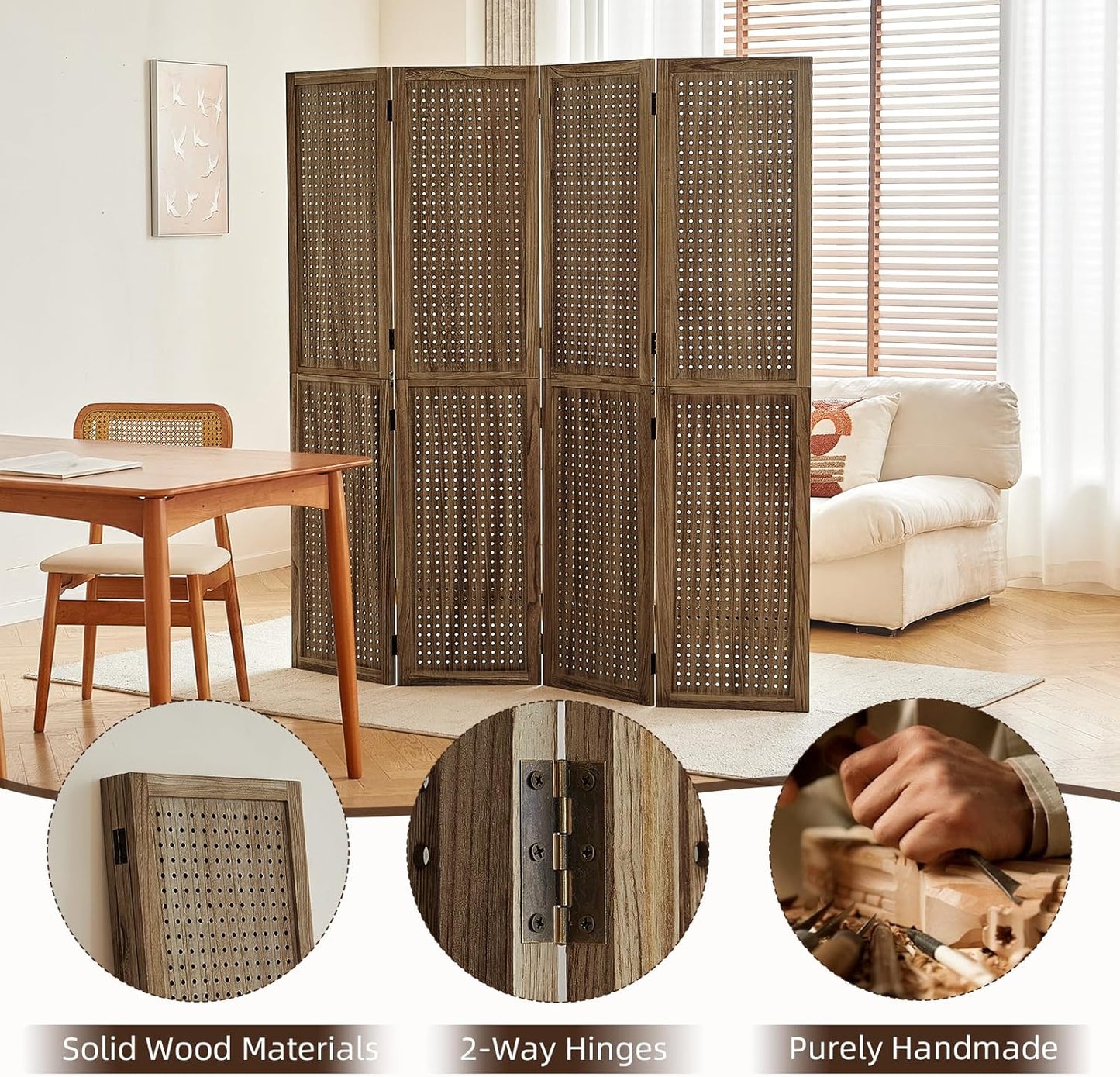 4 Panel Wooden Room Dividers, 5.6FT High Plug-in Folding Screen Made of Natural Wood, Pegboard Display for Bedroom and Shopping Malls and Jewelry Stores, Dark Brown