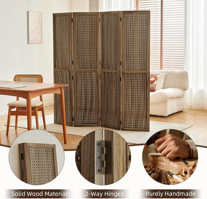 4 Panel Wooden Room Dividers, 5.6FT High Plug-in Folding Screen Made of Natural Wood, Pegboard Display for Bedroom and Shopping Malls and Jewelry Stores, Dark Brown