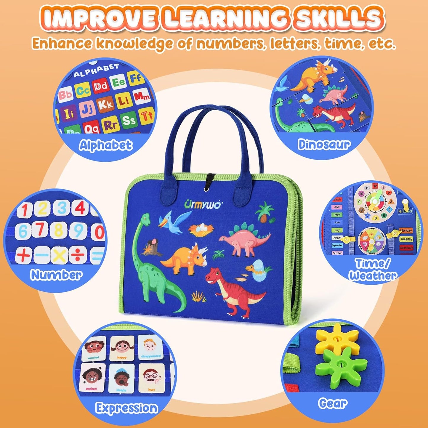 URMYWO Toddler Busy Board - Busy Book Montessori Toys Ages 3 and up - Preschool Learning Activities with Alphabet Number Animal, Educational Travel Toys Birthday Gifts for Kids