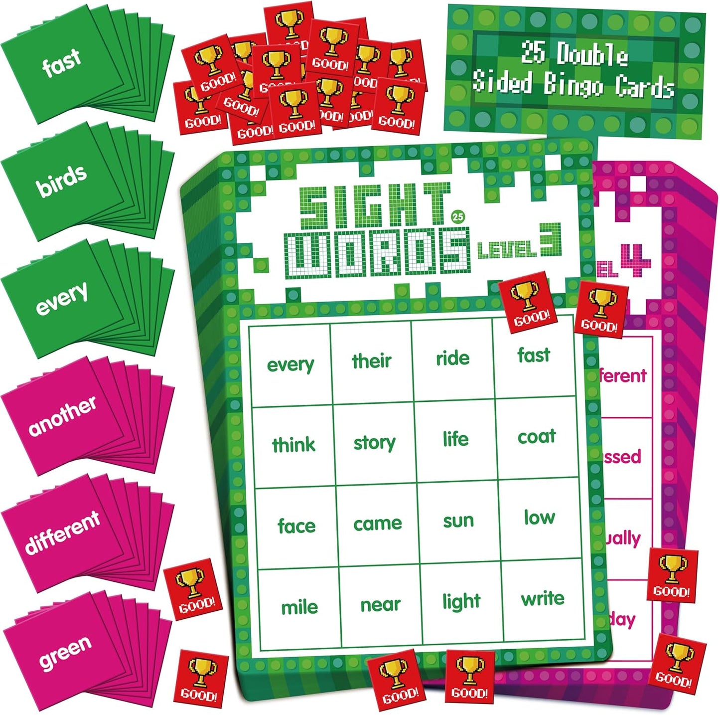 Sight Word Bingo Game, 144 Sight Words Learn to Read Level 1 & Level 2 Bingo Board Game Dolch's & Fry's Words Lists for Kindergarten and Preschool, Grade 1st, 2nd, Kids 4-8 (Up to 25 Players)