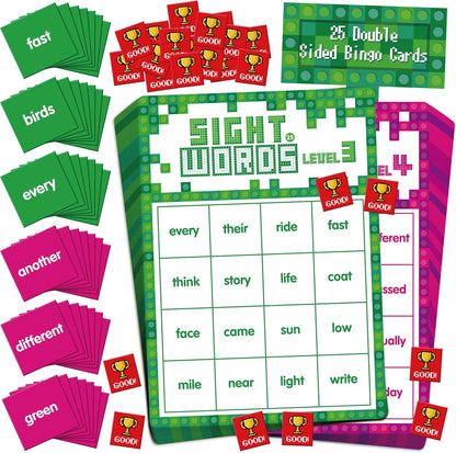 Sight Word Bingo Game, 144 Sight Words Learn to Read Level 1 & Level 2 Bingo Board Game Dolch's & Fry's Words Lists for Kindergarten and Preschool, Grade 1st, 2nd, Kids 4-8 (Up to 25 Players)