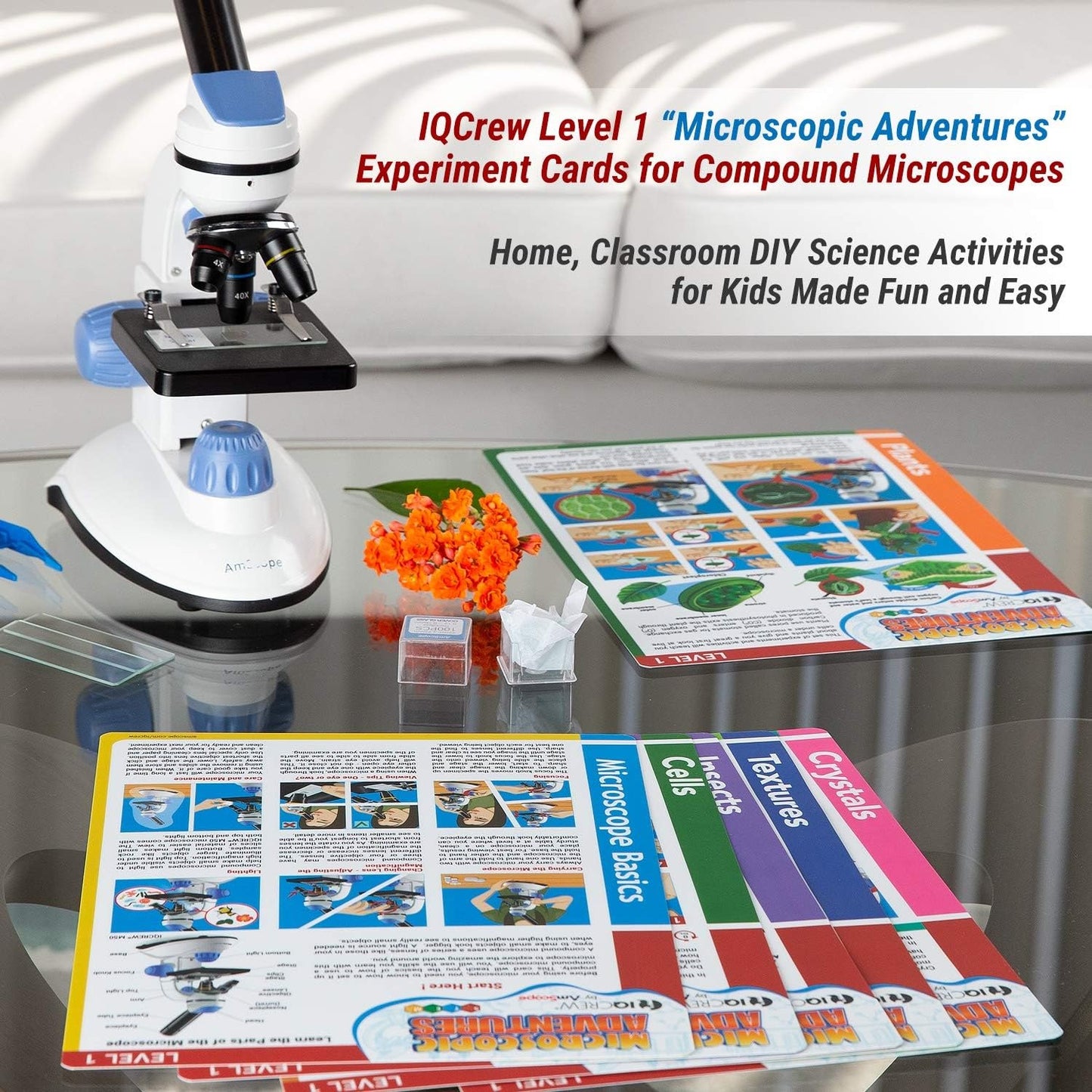 IQCrew - Microscope Experiment & Activity Cards for Kids & Students - Microscopic Adventures (Set of 6 Experiment Cards) - BK-EXCL1