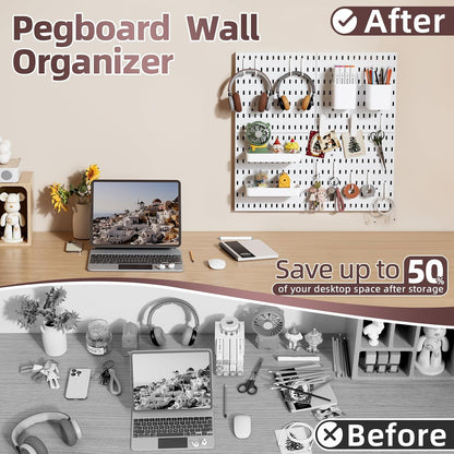 Pegboard Wall Organizer Kit, 4 Pcs Plastic Peg Boards with Hooks & Accessories, Wall-Mounted Pegboard Kit for Home Office Storage, Bedroom, Craft Room(22″×22″)