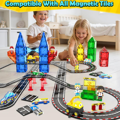 104 PCS Magnetic Tiles Road Set, STEM Construction Toys for Kids Ages 3-5 5-7 4-8, Magnet Building Blocks for Toddler Toys Games, Christmas Birthday Gifts for 3+ Year Old Boys Girls