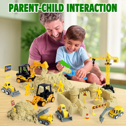 Billeeit Sand Construction Kit with Foldable 15 x 15 in Sand Box, 2.2 lbs Sensory Sand, 8 Trucks, Molds & Tools, Gift for Kids 3+