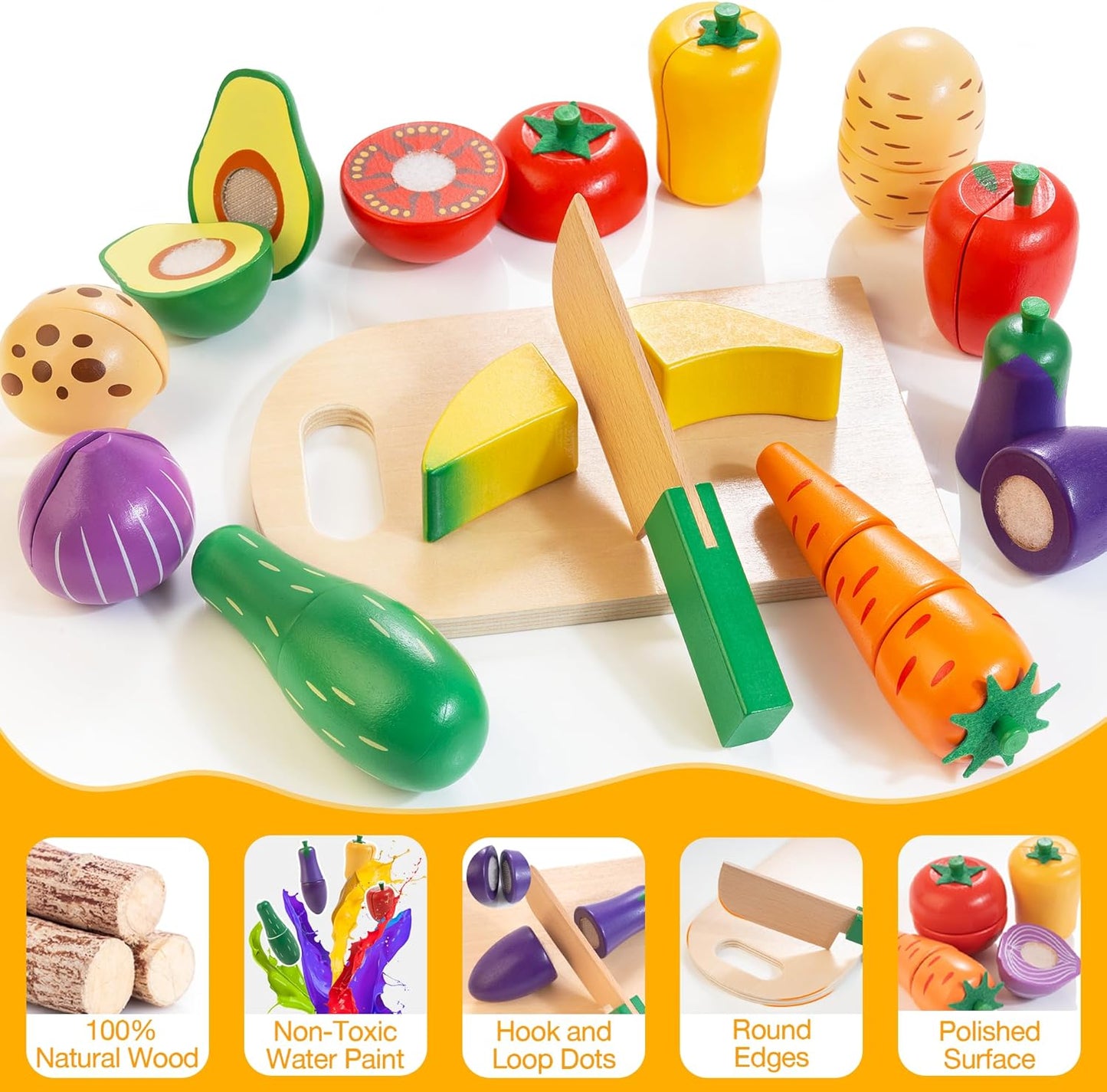 Wooden Play Food for Toddlers, Fruit and Veggies Cutting Set for Kids, Pretend Food Play Kitchen Accessories for 3 4 5 6 7 Years Old Boys & Girls